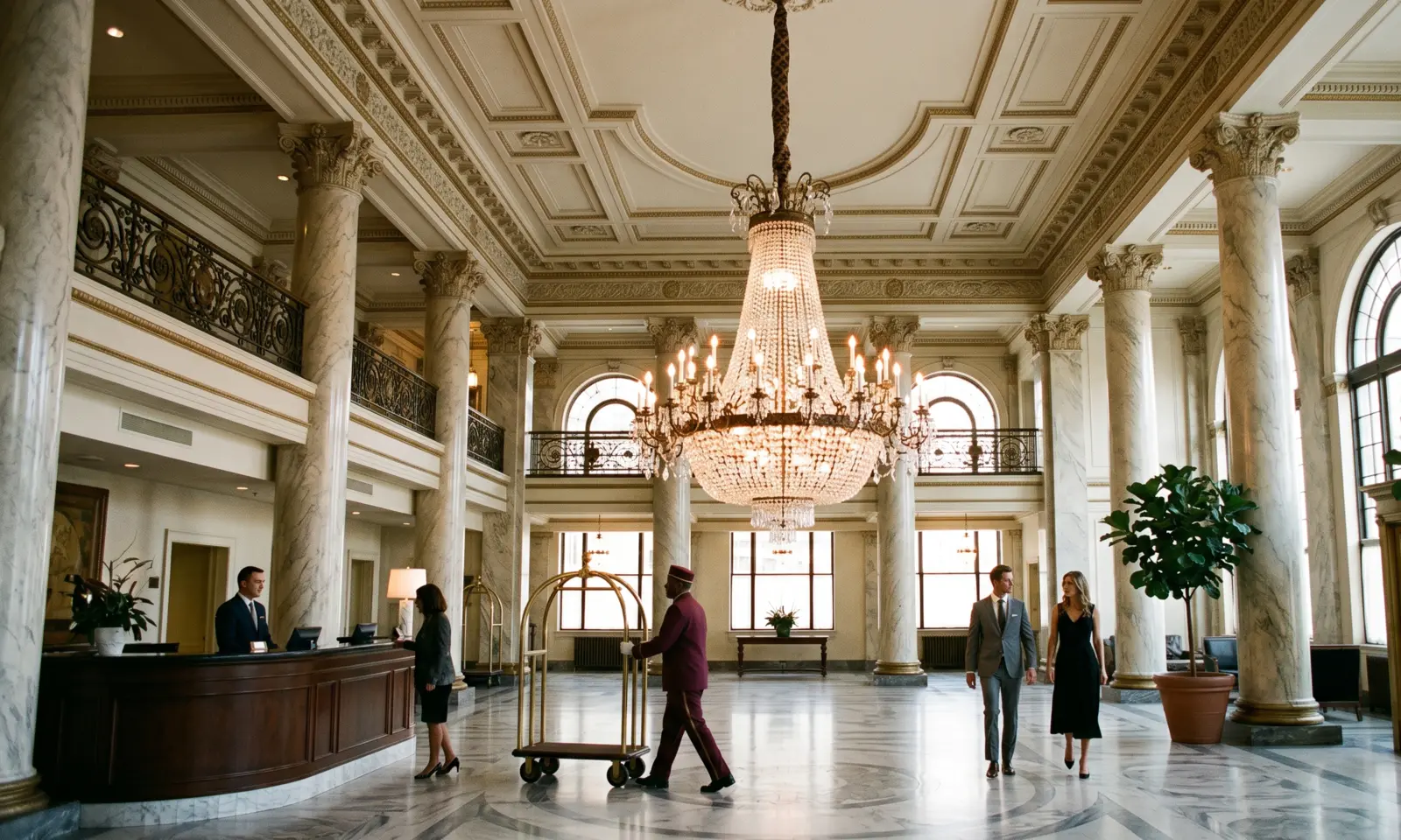 Illustration: classic hotel lobby with a grand chandelier at scale